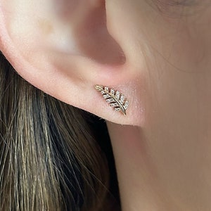 Leaf Diamond Earrings, 14K Yellow Gold Diamond Leaf Earring, Sideways Olive Branch 14K Gold Earring, Dainty Leaf Studs, Leaf Shape Studs