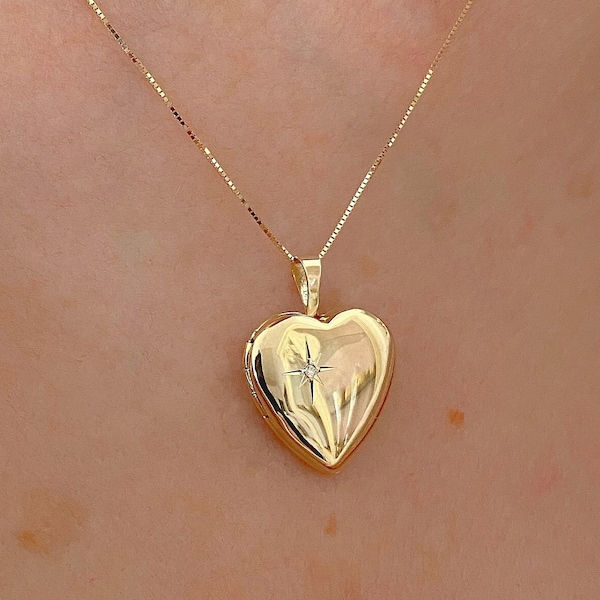 Heart Locket Necklace| 14K Solid Yellow Gold Heart Locket Pendant-For Photos, Messages, Sentimentals 15mm| Personalized Locket| Photo Gifts
