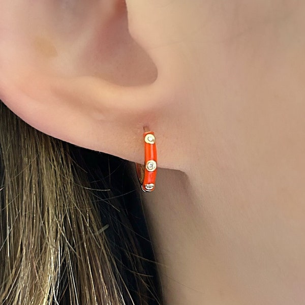 Red Enamel Earrings| 14K Gold Round Diamond Red Enamel Mini Hoops| Everyday Fine Jewelry Earrings| Dainty Huggies Hoop Earrings