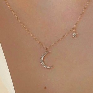 Crescent Moon Diamond Necklace In 14K Rose Gold| Dainty Diamond Charm| Diamond Crescent Celestial Jewelry Gifts| Womens Jewelry