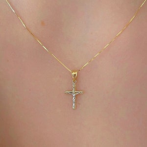 14K Solid Gold Two Tone Crucifix Pendant| 14K Gold Cross| Religious Pendant| Minimal Gold Cross