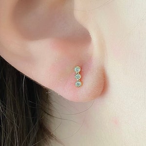 Tiny Diamond Bezel Stud Earrings| Solid 14K Yellow Gold Three Diamond Bar Stud Earrings| Three Stone Earrings| April Birthstone