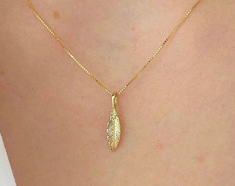 14k Yellow Gold Leaf Pendant And Chain| Detailed 14k Gold Leaf Pendant Necklace| Solid Gold Layering Necklace| Layering Necklace