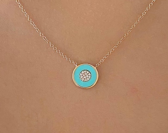 Collar de ojo malvado / Collar de ojo malvado de turquesa de oro rosa sólido de 14 quilates / Collar de ojo malvado de diamante / Protección / Regalo para ella