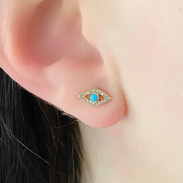 Diamond Evil Eye Earrings| 14K Gold Evil Eye Turquoise And Diamond Stud Earrings| Mix And Match Studs| Evil Eye Gift Idea| Birthday Gift