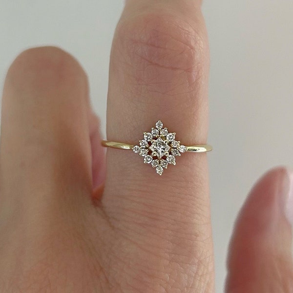 14K Solid Gold Round Diamond Diamond Ring| Art Deco Setting| Dainty Wedding Ring| Diamond Engagement Ring| Promise Ring| Gift For Wife