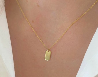 Solid 14k Yellow Gold Tag Necklace| Custom Engraved Charm| Personalized Gold Gift For Her| Engraved Dog Tag| Birthday Gift