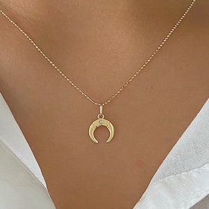 Double Horn Diamond Necklace In 14K Solid Gold| Crescent Necklace| Celestial Jewelry| Solid 14K Gold Diamond Crescent Moon Necklace