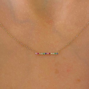 14K Yellow Gold Rainbow  Semi Precious Gemstone Necklace| Genuine Rainbow Bar Pendant Necklace In 14K Yellow Gold| Minimalist Jewelry