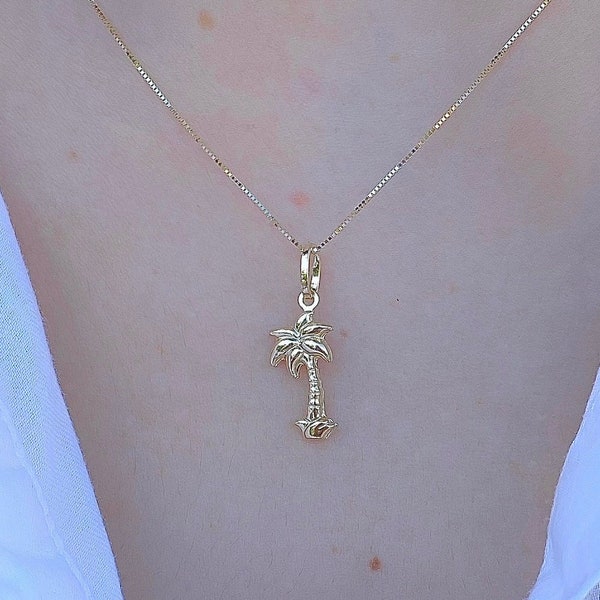 Palm Tree Necklace| 14K Palm Tree Yellow Gold Charm| Beach Charms| Beach Jewelry