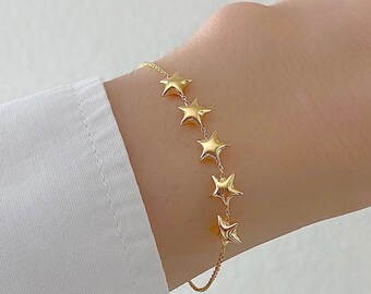 14K Gold Star Bracelet| Gold Celestial Bracelet| Multi Stars
