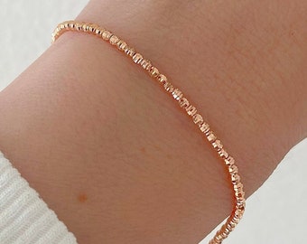 14K Rose Gold Moon Cut Ball Bead Bracelet 2MM| Diamond Cut Bead Link Chain Bracelet| Stacking Bracelet| Shiny Bead Bracelet