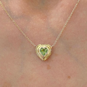 14K Gold Peridot Necklace| Heart Necklace| Natural Gemstone| August Birthstone| 14K Gold Fluted Heart Bezel Peridot Pendant Necklace