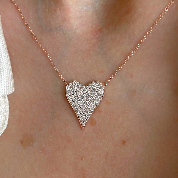 Diamond Heart Necklace| Large Diamond Pave Heart Pendant In 14K Rose Gold|   Adjustable 16"-18"| Diamond Cluster 1.27ct Real Diamonds