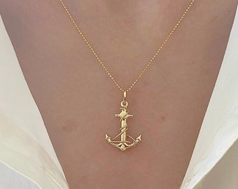 14K Yellow Gold Anchor Charm Necklace| Nautical Pendant| Solid Gold Sea Necklace| Mariner Nautical Rope Charm| Gift For Men And Women