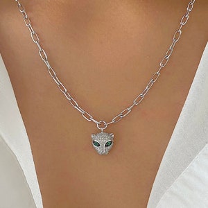 Panther Necklace| 14K White Gold Diamond And Emerald Panther Link Chain Necklace| Big Cat Wild Animal Gift| Cat Lover Gift| Sara Kay