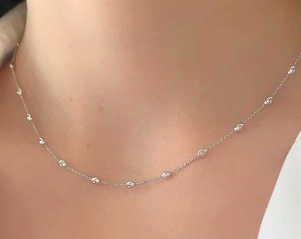 14K White Gold Ball Bead Chain Necklace, 14K Solid Gold Satellite Chain, Station Necklace, Dainty Layering Chain, Beaded Chain Necklace