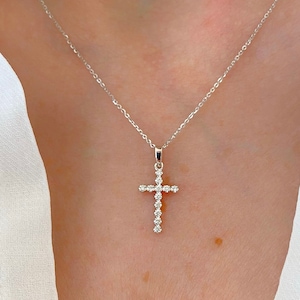 Diamond Cross Necklace| 14K White Gold Diamond Cross Necklace| Diamond Cross 0.10ct| Baptism Gift| Communion Gift| Dainty Diamond Cross