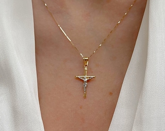 14K Solid Gold Two Tone Crucifix Pendant| 14K Gold Cross| Religious Pendant| Minimal Gold Cross