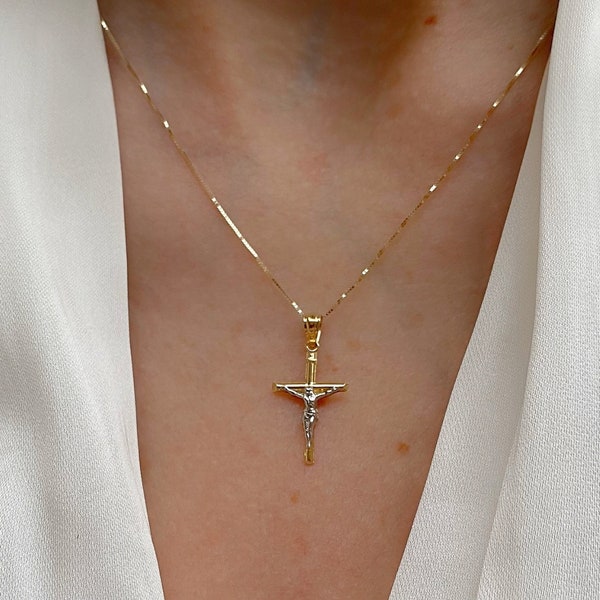 14K Solid Gold Two Tone Crucifix Pendant| 14K Gold Cross| Religious Pendant| Minimal Gold Cross