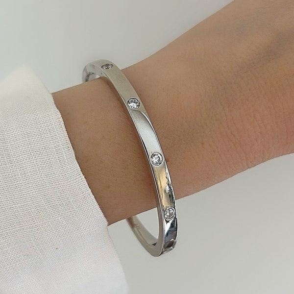 Silver Bangle Bracelet| Flush Set CZ Bangle Bracelet| CZ Bracelet| Silver Hinged Bracelet| Everyday Jewelry| Gift For Wife| Stacking Bangles