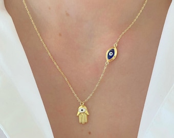 Hamsa Necklace| 14k Solid Gold Hamsa Necklace| Hand Of Fatima| Evil Eye Necklace| Protection Necklace