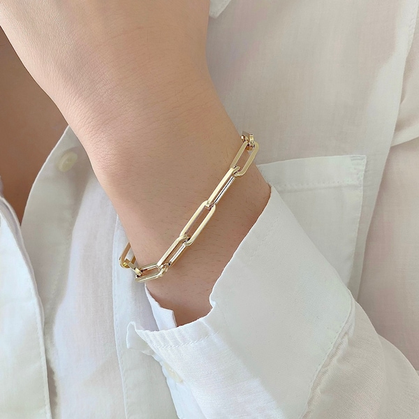 Paperclip Bracelet| 14K Solid Gold Large Rectangle Bracelet| Gold Link Chain Bracelet| Minimalist Bracelet| 14K Gold Bracelet| 7" Inches