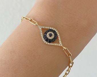 Diamond And Sapphire Evil Eye Bracelet| Solid Gold Bracelet| 14K Gold Diamond Evil Eye Paperclip Bracelet| Protection Bracelet