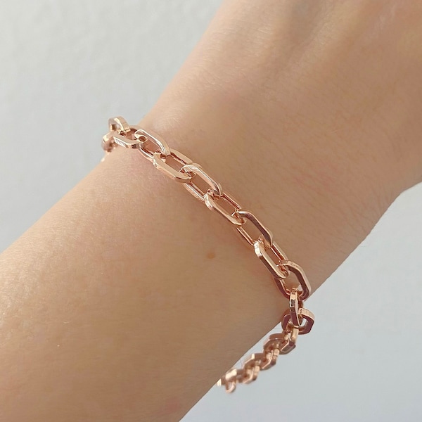Real 14K Rose Gold Chain Bracelet| 5mm Round Rolo Link Chain Bracelet| 14K Gold Open Link Chain Bracelet| Everyday Bracelet