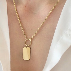 Solid 14k Yellow Gold Tag Necklace, 10mm Dog Tag Disc Pendant, Custom Engraved Charm, Personalized Gold Gift For Her, Engraved Dog Tag