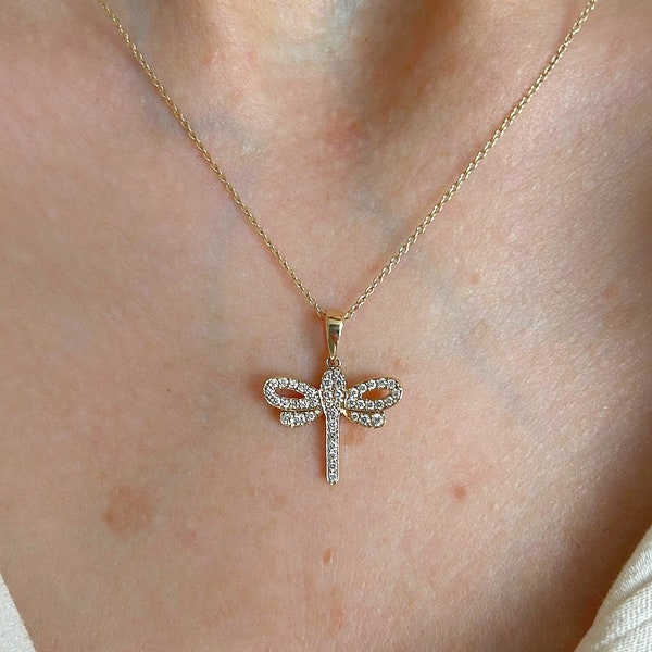 Diamond Dragonfly Necklace| 14K Solid Gold Diamond Dragonfly Charm Necklace| |Good Luck Necklace| Diamond Insect Necklace| Gift For Her