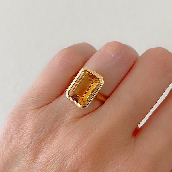 Rectangular Citrine Ring| Bezel 8x12mm Radiant Cut Citrine Ring In 14K Yellow Gold Ring| Solitaire Bezel Setting| November Birthstone