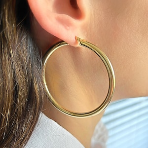 Large Gold Hoops In 14K Gold| 50mm Bold Gold Hoop Earring| Solid Yellow Gold Shiny Hoops|4mm Width Hoops| Classic Hoop Earrings By Sara Kay