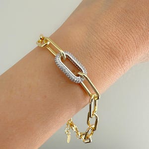 Yellow Gold Pave Link Chain Bracelet| Pave Paperclip Bracelet| CZ Paperclip Link Bracelet| Women's Bracelet| Link Gold Bracelet