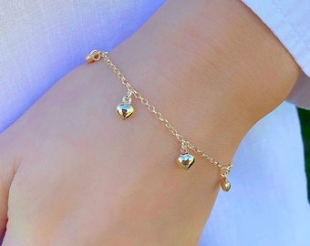 14K guld hjärtberlockarmband | 14K massivt gult guld hjärtarmband - Love Poled Charm Rolo Chain Link | Minimalistiskt guld hjärtkedjearmband