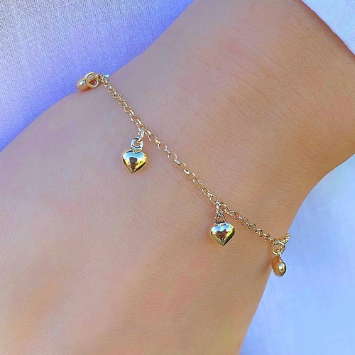 14K Gold Heart Charm Bracelet 14K Solid Yellow Gold Heart Etsy