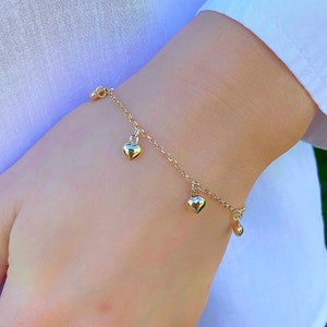 14K Gold Heart Charm Bracelet| 14K Solid Yellow Gold Heart Bracelet-Love Polished Charm Rolo Chain Link| Minimal Gold Heart Chain Bracelet