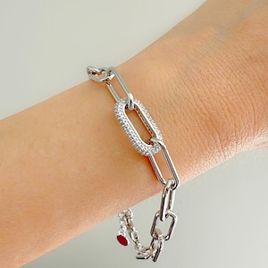 White Gold Pave Link Chain Bracelet| Pave Paperclip Bracelet| CZ Paperclip Link Bracelet| Women&#39;s Bracelet| Link Gold Bracelet