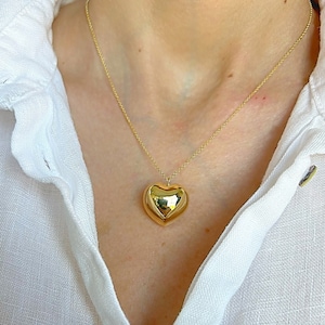 Large Puffed Heart Necklace Pendant In 14K Yellow Gold|14K Real Gold Heart Jewelry| Gold Love Necklace| 14K Gold 3D Heart Necklace
