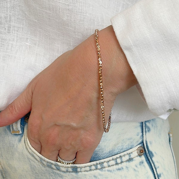 14K Rose Gold Moon Cut Ball Bead Bracelet 2.5MM| Diamond Cut Bead Link Chain Bracelet| Stacking Bracelet| Shiny Bead Bracelet