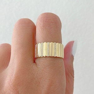Diamond Cigar Band| 14K Solid Yellow Gold Diamond Band| Gold Statement Ring| Gold Dome Ring| Thick Gold Band| Gift For her