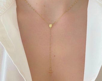 14K Yellow Gold Rosary Beads Necklace 16" Cross 2mm Balls| Cross Necklace|Religious Necklace| Gift For Her| Lariat Necklace