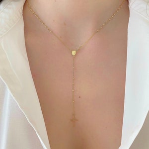 14K Yellow Gold Rosary Beads Necklace 16&quot; Cross 2mm Balls| Cross Necklace|Religious Necklace| Gift For Her| Lariat Necklace
