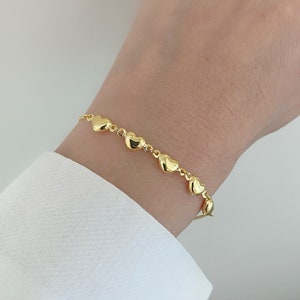 Heart Bracelet| Adjustable 14K Solid Gold Heart Bracelet 7.25"| Love Bracelet| Heart Station Bracelet| Solid Gold Women Bracelet