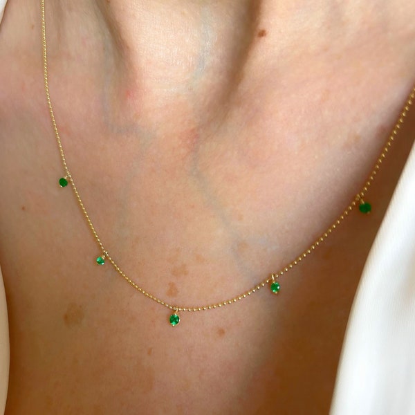 Emerald Necklace| 14K Gold Emerald 5 Dangle Solitaire Necklace| Prong Set Emerald| May Birthstone