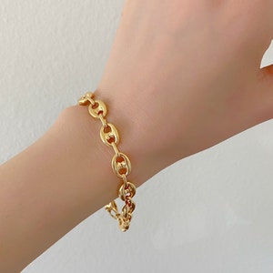 9.5mm Puffed  Mariner Link Chain Bracelet Real Solid 14K Yellow Gold Unisex| Mariner Style Chain| Gold Bracelet|Chain Gift