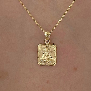 14K Solid Yellow Gold Rectangular Jesus Christ/Virgin Mary Plate Charm Pendant| Double Sided Jesus Christ/Virgin Mary Charm| Protection