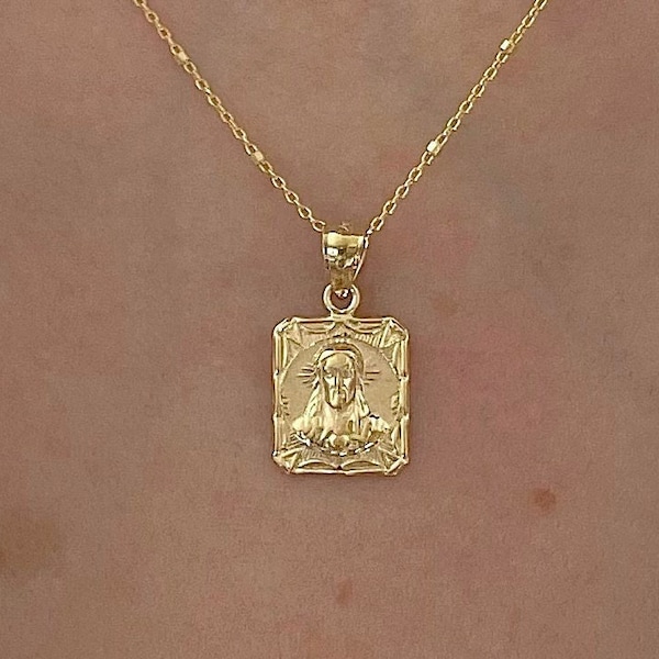 14K Solid Yellow Gold Rectangular Jesus Christ/Virgin Mary Plate Charm Pendant| Double Sided Jesus Christ/Virgin Mary Charm| Protection