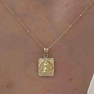 14K massief geelgouden rechthoekige Maagd Maria/Jezus Christus hanger met bord | Dubbelzijdige bedel Maagd Maria en Jezus Christus| Bescherming: