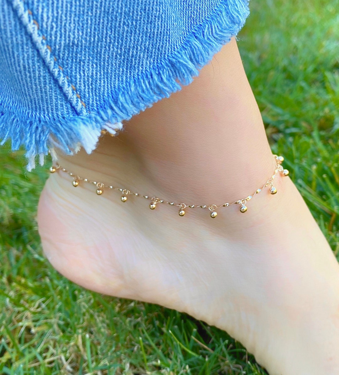 Solid 14K Yellow Gold Anklet Chain 9 Inch 14K Fine Gold Ball & Chain